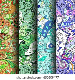 Set of tracery colorful seamless patterns. Vertical stripes. Curved doodling backgrounds for textile or printing with mehndi and ethnic motives. Vector