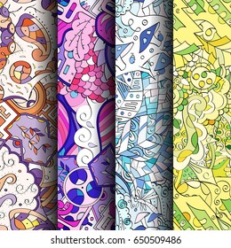 Set of tracery colorful seamless patterns. Vertical stripes. Curved doodling backgrounds for textile or printing with mehndi and ethnic motives. Vector