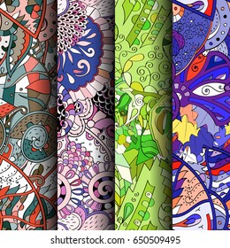 Set of tracery colorful seamless patterns. Vertical stripes. Curved doodling backgrounds for textile or printing with mehndi and ethnic motives. Vector