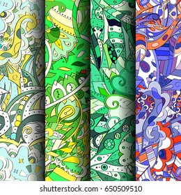 Set of tracery colorful seamless patterns. Vertical stripes. Curved doodling backgrounds for textile or printing with mehndi and ethnic motives. Vector