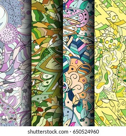 Set of tracery colorful seamless patterns. Vertical stripes. Curved doodling backgrounds for textile or printing with mehndi and ethnic motives. Vector