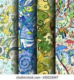 Set of tracery colorful seamless patterns. Vertical stripes. Curved doodling backgrounds for textile or printing with mehndi and ethnic motives. Vector