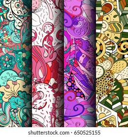 Set of tracery colorful seamless patterns. Vertical stripes. Curved doodling backgrounds for textile or printing with mehndi and ethnic motives. Vector