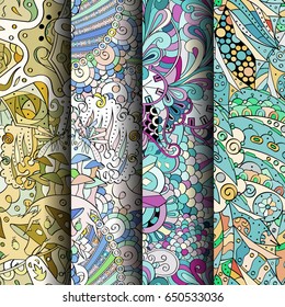 Set of tracery colorful seamless patterns. Vertical stripes. Curved doodling backgrounds for textile or printing with mehndi and ethnic motives. Vector