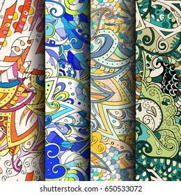 Set of tracery colorful seamless patterns. Vertical stripes. Curved doodling backgrounds for textile or printing with mehndi and ethnic motives. Vector