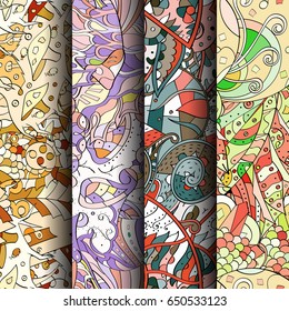 Set of tracery colorful seamless patterns. Vertical stripes. Curved doodling backgrounds for textile or printing with mehndi and ethnic motives. Vector