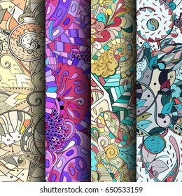 Set of tracery colorful seamless patterns. Vertical stripes. Curved doodling backgrounds for textile or printing with mehndi and ethnic motives. Vector