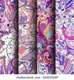 Set of tracery colorful seamless patterns. Vertical stripes. Curved doodling backgrounds for textile or printing with mehndi and ethnic motives. Vector