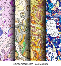Set of tracery colorful seamless patterns. Vertical stripes. Curved doodling backgrounds for textile or printing with mehndi and ethnic motives. Vector