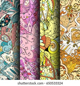 Set of tracery colorful seamless patterns. Vertical stripes. Curved doodling backgrounds for textile or printing with mehndi and ethnic motives. Vector