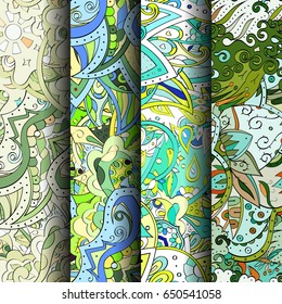 Set of tracery colorful seamless patterns. Vertical stripes. Curved doodling backgrounds for textile or printing with mehndi and ethnic motives. Vector