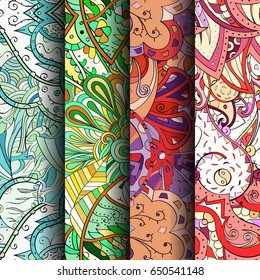 Set of tracery colorful seamless patterns. Vertical stripes. Curved doodling backgrounds for textile or printing with mehndi and ethnic motives. Vector