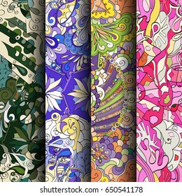 Set of tracery colorful seamless patterns. Vertical stripes. Curved doodling backgrounds for textile or printing with mehndi and ethnic motives. Vector