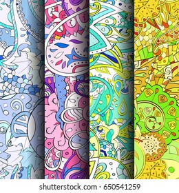Set of tracery colorful seamless patterns. Vertical stripes. Curved doodling backgrounds for textile or printing with mehndi and ethnic motives. Vector