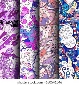 Set of tracery colorful seamless patterns. Vertical stripes. Curved doodling backgrounds for textile or printing with mehndi and ethnic motives. Vector