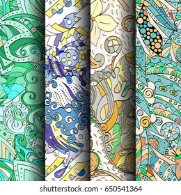 Set of tracery colorful seamless patterns. Vertical stripes. Curved doodling backgrounds for textile or printing with mehndi and ethnic motives. Vector