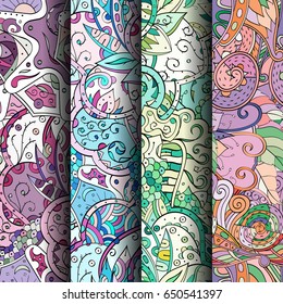 Set of tracery colorful seamless patterns. Vertical stripes. Curved doodling backgrounds for textile or printing with mehndi and ethnic motives. Vector