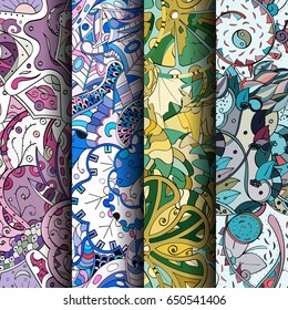 Set of tracery colorful seamless patterns. Vertical stripes. Curved doodling backgrounds for textile or printing with mehndi and ethnic motives. Vector