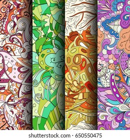Set of tracery colorful seamless patterns. Vertical stripes. Curved doodling backgrounds for textile or printing with mehndi and ethnic motives. Vector