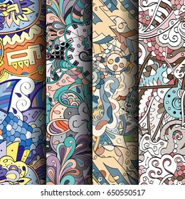 Set of tracery colorful seamless patterns. Vertical stripes. Curved doodling backgrounds for textile or printing with mehndi and ethnic motives. Vector