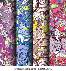 Set of tracery colorful seamless patterns. Vertical stripes. Curved doodling backgrounds for textile or printing with mehndi and ethnic motives. Vector