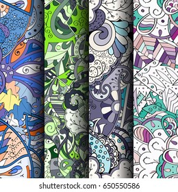 Set of tracery colorful seamless patterns. Vertical stripes. Curved doodling backgrounds for textile or printing with mehndi and ethnic motives. Vector