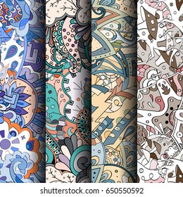 Set of tracery colorful seamless patterns. Vertical stripes. Curved doodling backgrounds for textile or printing with mehndi and ethnic motives. Vector