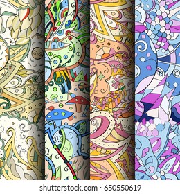 Set of tracery colorful seamless patterns. Vertical stripes. Curved doodling backgrounds for textile or printing with mehndi and ethnic motives. Vector