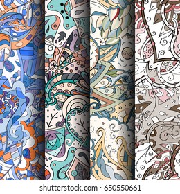 Set of tracery colorful seamless patterns. Vertical stripes. Curved doodling backgrounds for textile or printing with mehndi and ethnic motives. Vector