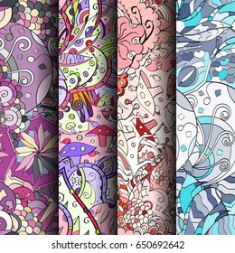 Set of tracery colorful seamless patterns. Vertical stripes. Curved doodling backgrounds for textile or printing with mehndi and ethnic motives. Vector