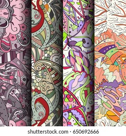 Set of tracery colorful seamless patterns. Vertical stripes. Curved doodling backgrounds for textile or printing with mehndi and ethnic motives. Vector
