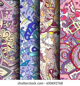 Set of tracery colorful seamless patterns. Vertical stripes. Curved doodling backgrounds for textile or printing with mehndi and ethnic motives. Vector