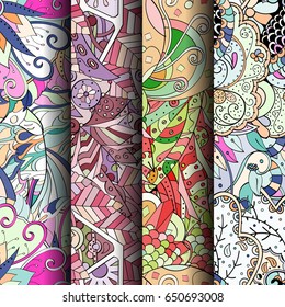 Set of tracery colorful seamless patterns. Vertical stripes. Curved doodling backgrounds for textile or printing with mehndi and ethnic motives. Vector