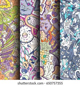 Set of tracery colorful seamless patterns. Vertical stripes. Curved doodling backgrounds for textile or printing with mehndi and ethnic motives. Vector