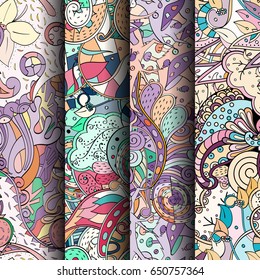 Set of tracery colorful seamless patterns. Vertical stripes. Curved doodling backgrounds for textile or printing with mehndi and ethnic motives. Vector