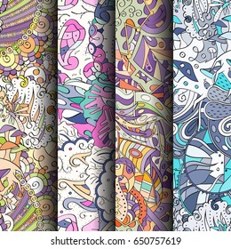 Set of tracery colorful seamless patterns. Vertical stripes. Curved doodling backgrounds for textile or printing with mehndi and ethnic motives. Vector