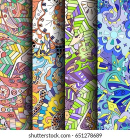 Set of tracery colorful seamless patterns. Vertical stripes. Curved doodling backgrounds for textile or printing with mehndi and ethnic motives. Vector