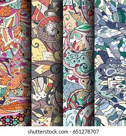 Set of tracery colorful seamless patterns. Vertical stripes. Curved doodling backgrounds for textile or printing with mehndi and ethnic motives. Vector