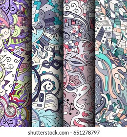 Set of tracery colorful seamless patterns. Vertical stripes. Curved doodling backgrounds for textile or printing with mehndi and ethnic motives. Vector