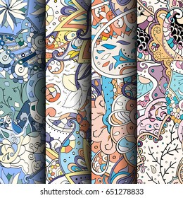 Set of tracery colorful seamless patterns. Vertical stripes. Curved doodling backgrounds for textile or printing with mehndi and ethnic motives. Vector