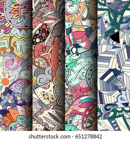 Set of tracery colorful seamless patterns. Vertical stripes. Curved doodling backgrounds for textile or printing with mehndi and ethnic motives. Vector