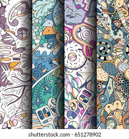 Set of tracery colorful seamless patterns. Vertical stripes. Curved doodling backgrounds for textile or printing with mehndi and ethnic motives. Vector
