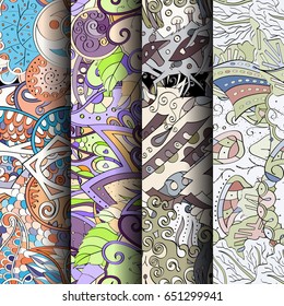 Set of tracery colorful seamless patterns. Vertical stripes. Curved doodling backgrounds for textile or printing with mehndi and ethnic motives. Vector