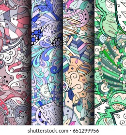 Set of tracery colorful seamless patterns. Vertical stripes. Curved doodling backgrounds for textile or printing with mehndi and ethnic motives. Vector