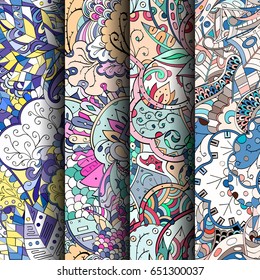 Set of tracery colorful seamless patterns. Vertical stripes. Curved doodling backgrounds for textile or printing with mehndi and ethnic motives. Vector
