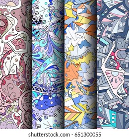 Set of tracery colorful seamless patterns. Vertical stripes. Curved doodling backgrounds for textile or printing with mehndi and ethnic motives. Vector