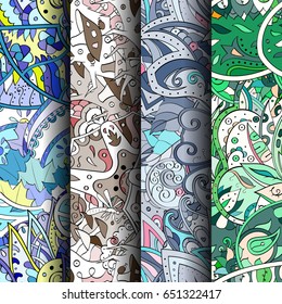 Set of tracery colorful seamless patterns. Vertical stripes. Curved doodling backgrounds for textile or printing with mehndi and ethnic motives. Vector