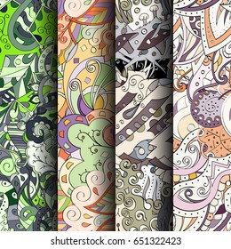 Set of tracery colorful seamless patterns. Vertical stripes. Curved doodling backgrounds for textile or printing with mehndi and ethnic motives. Vector
