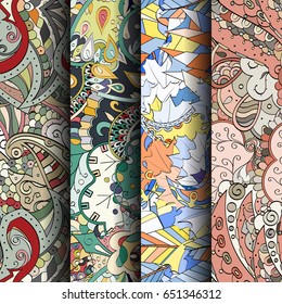 Set of tracery colorful seamless patterns. Vertical stripes. Curved doodling backgrounds for textile or printing with mehndi and ethnic motives. Vector