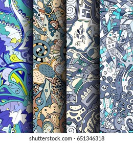 Set of tracery colorful seamless patterns. Vertical stripes. Curved doodling backgrounds for textile or printing with mehndi and ethnic motives. Vector